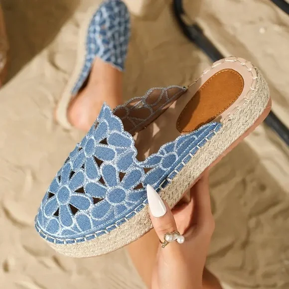 Bohemian Blue Floral Cutout Espadrille Mules – Denim Lace Platform Slides 37 7 - Picture 1 of 10